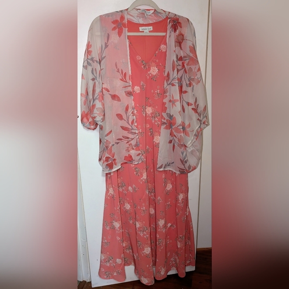 Coldwater Creek Dresses & Skirts - Coldwater Creek Coral Floral Dress & Sheer Kimono Set PXL EUC